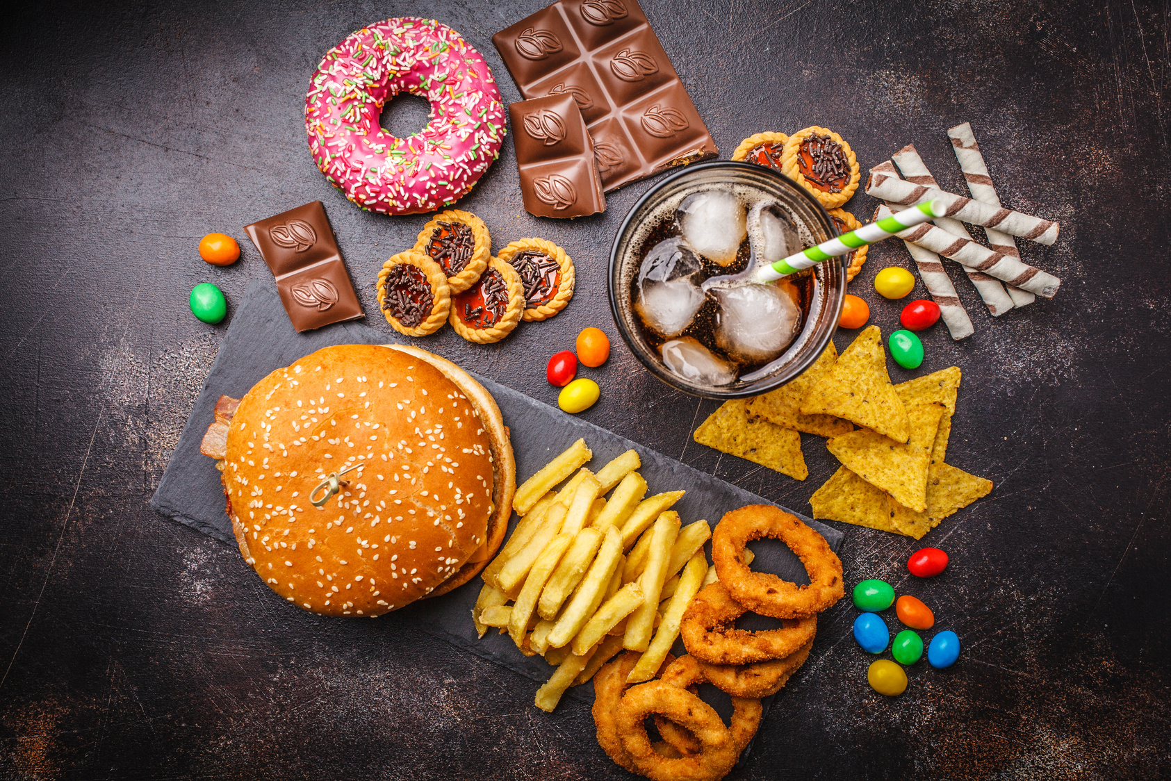 Junk Food Concept. Unhealthy Food Background. Fast Food and Suga
